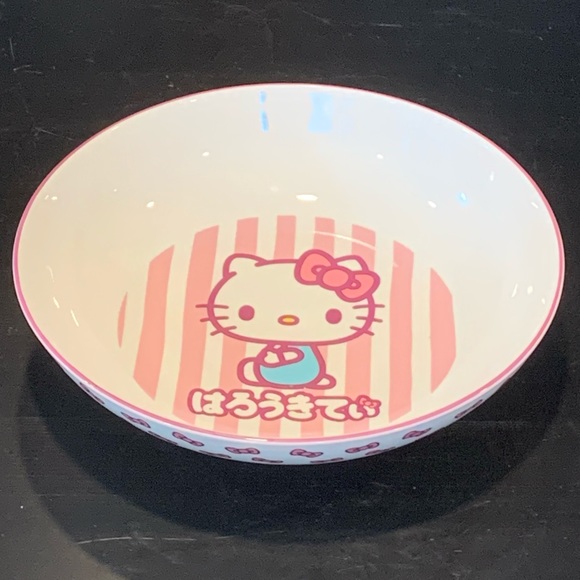 Hello Kitty 46oz Ceramic Dinner Bowl Pink & White Stripes with Japanese Letters - Picture 3 of 9